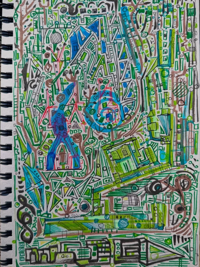 Fountain pen, brush pen, gel pens on gray paper. #StressDoodle #StressDoodling