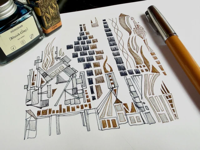 Fountain pen #StressDoodle #StressDoodling bluish gray and sepia